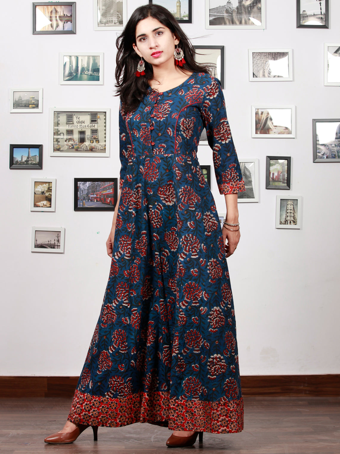 Indigo Rust Red Hand Block Printed Long Cotton Dress With Back Knots ...