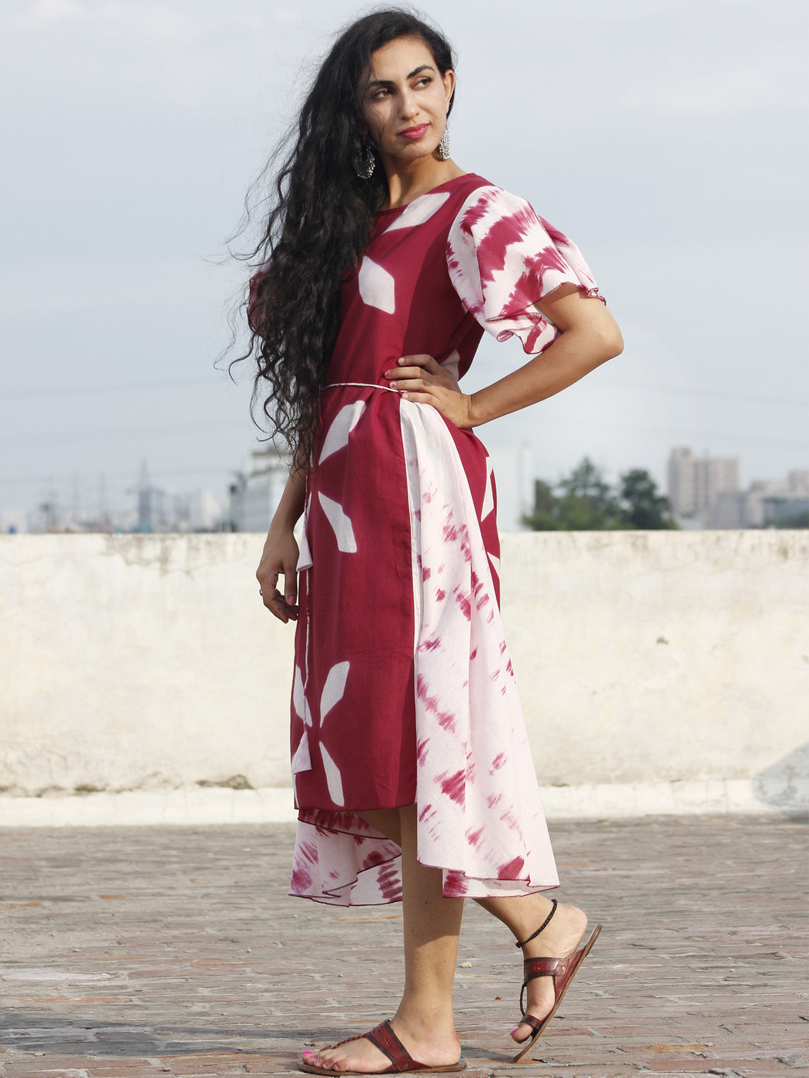 Naaz Marsala White Hand Block Printed & Tie Dye Asymmetrical Dress Wit ...