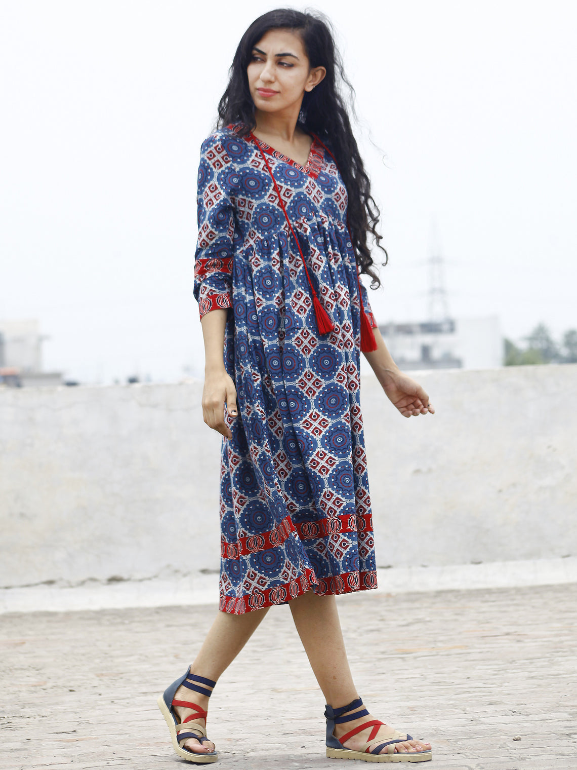 Indigo Maroon White Ajrakh Hand Block Printed Cotton Dress With Gather ...