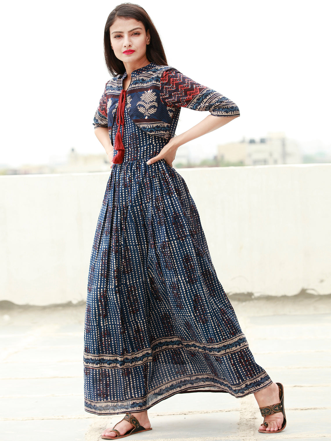 Naaz Indigo Rust Beige Hand Block Printed Long Cotton Dress with Tasse ...