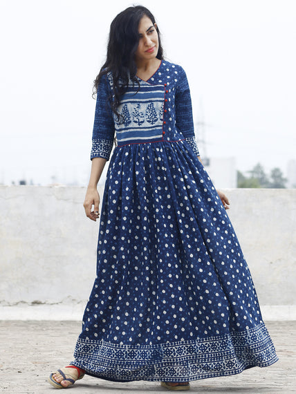 Red Black Mustard Indigo Ivory Long Hand Block Printed Cotton Dress Wi ...