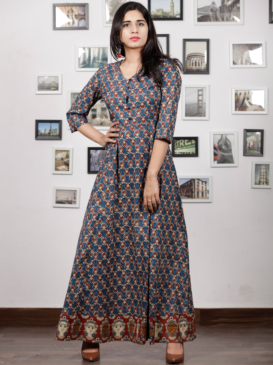 Indigo Brown Red Beige Hand Block Printed Long Cotton Dress With Back ...