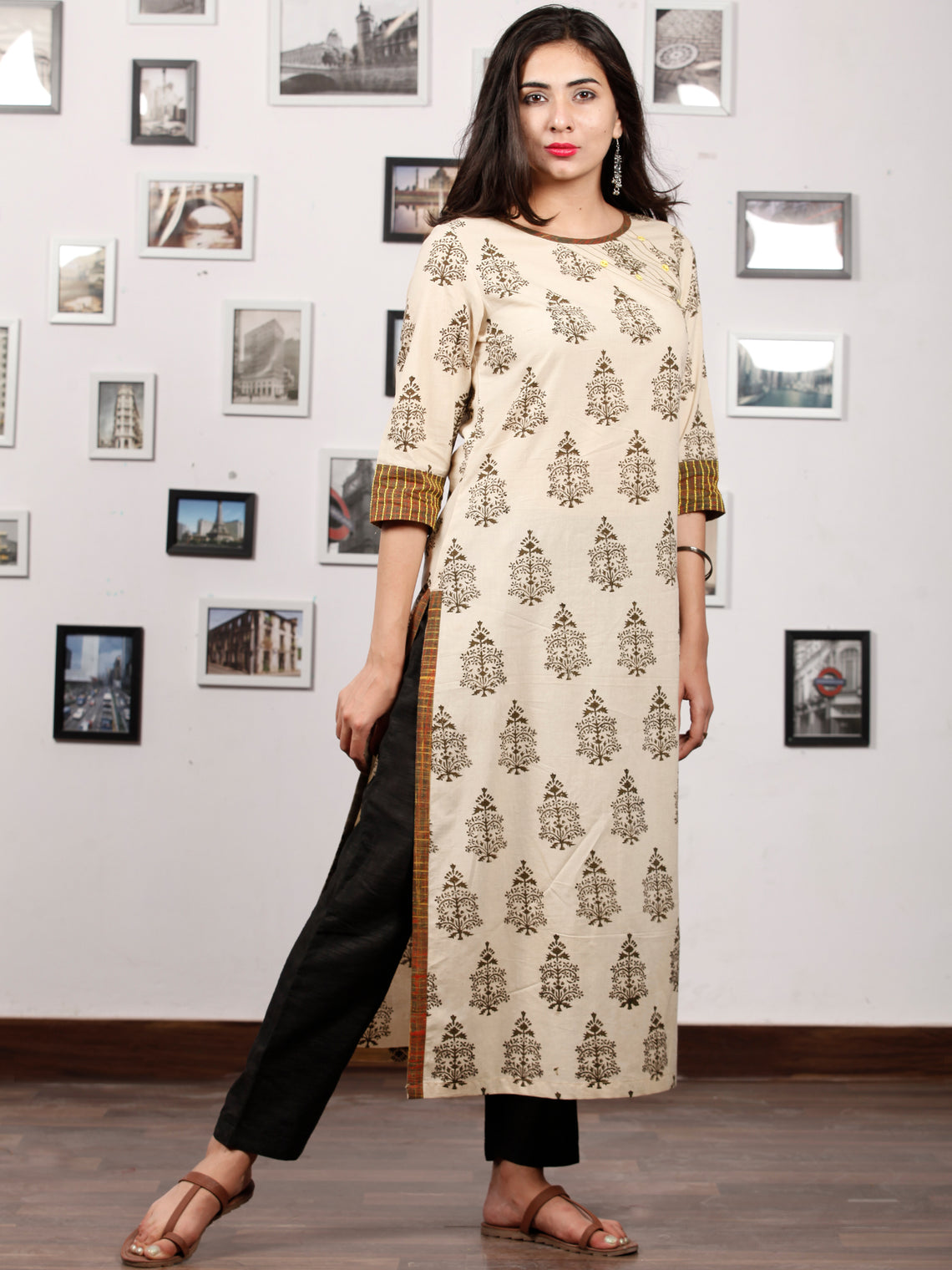 Beige Olive Green Hand Block Printed Kurta - K129F1371 – InduBindu