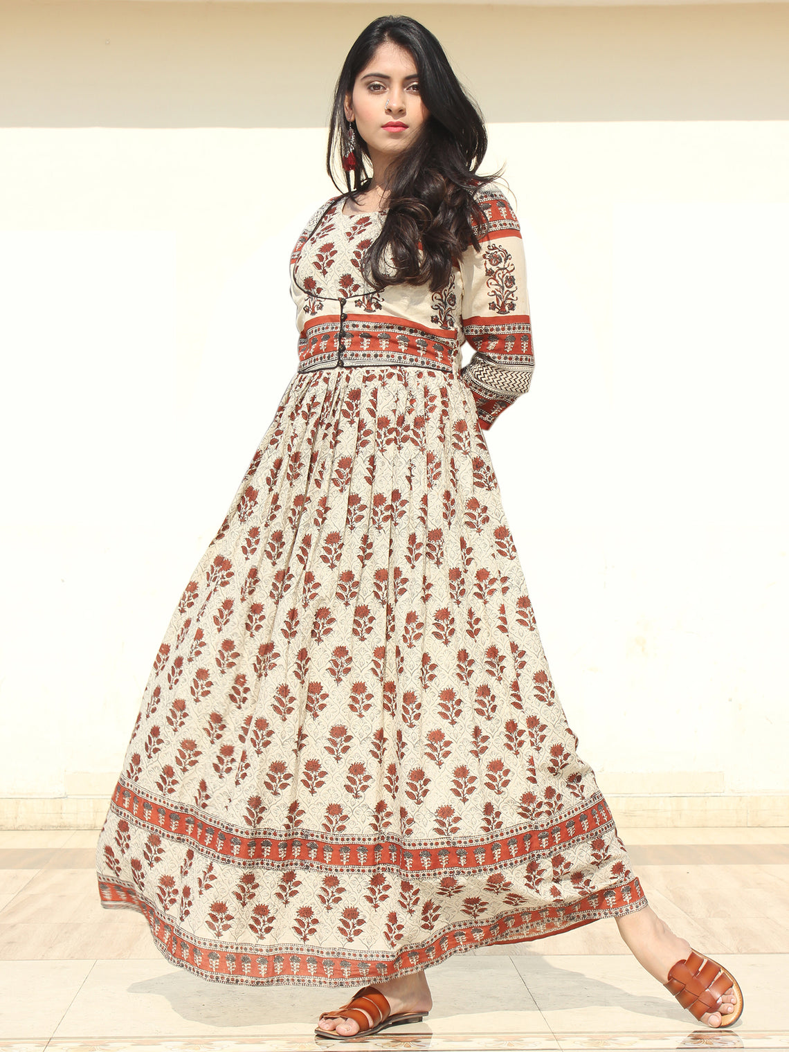 Naaz Faeezah - Hand Block Printed Long Cotton Dress With Gather & Lini ...