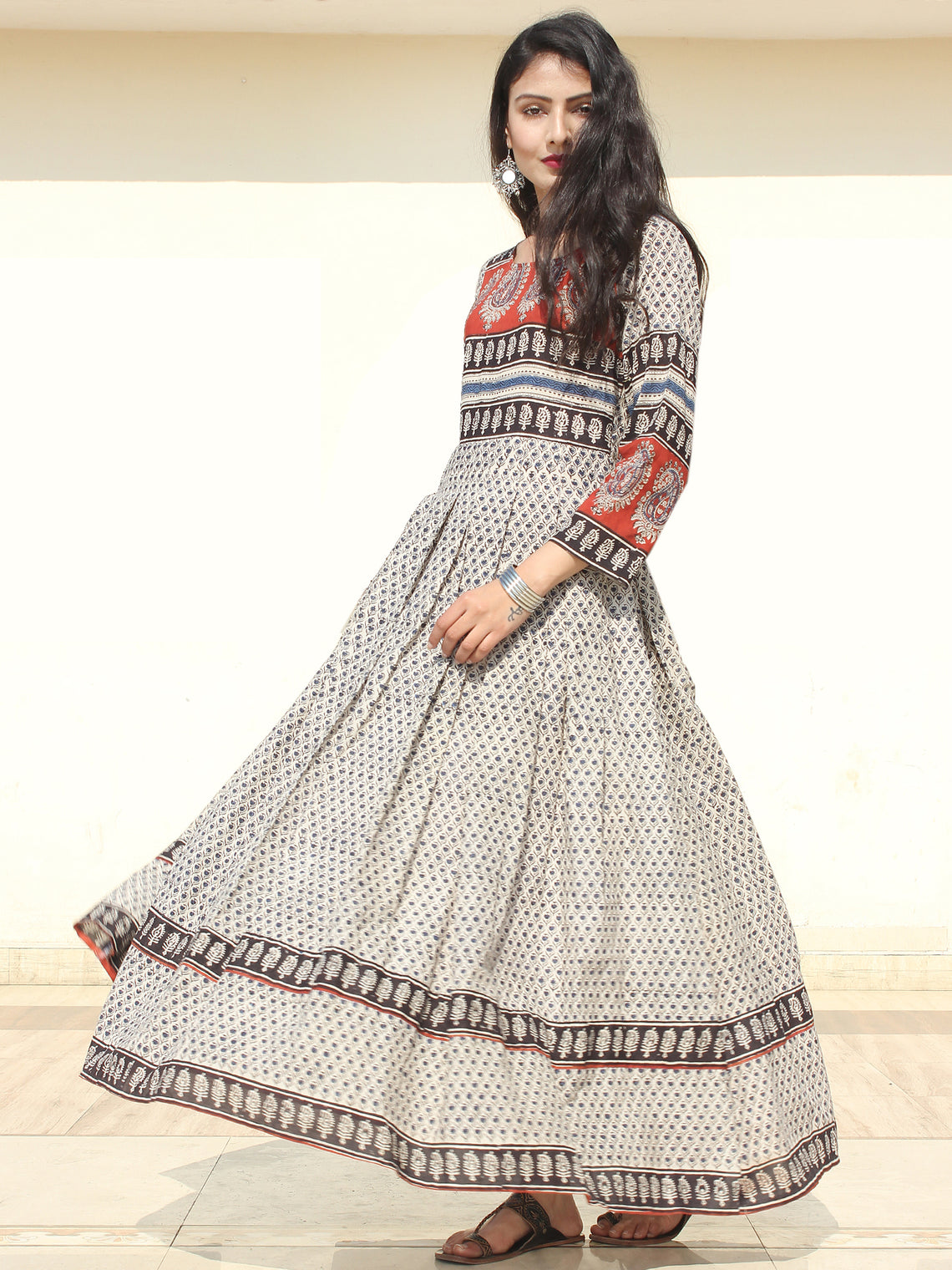 Naaz Haima - Hand Block Printed Long Cotton Pleated Flare Dress - DS68 ...