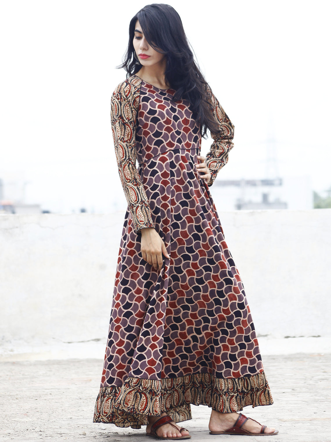 Kashish Maroon Black Beige Ajrakh Block Printed Long Cotton Dress With ...