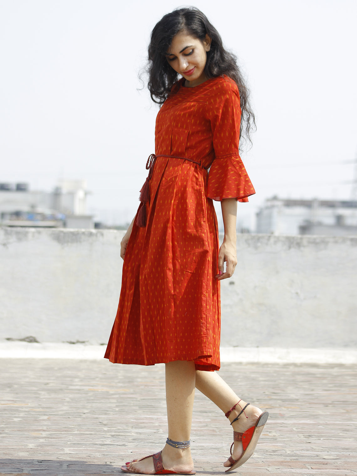 Red Orange Ikat Dress With Box Pleats & Side Pockets - D113F958 – InduBindu