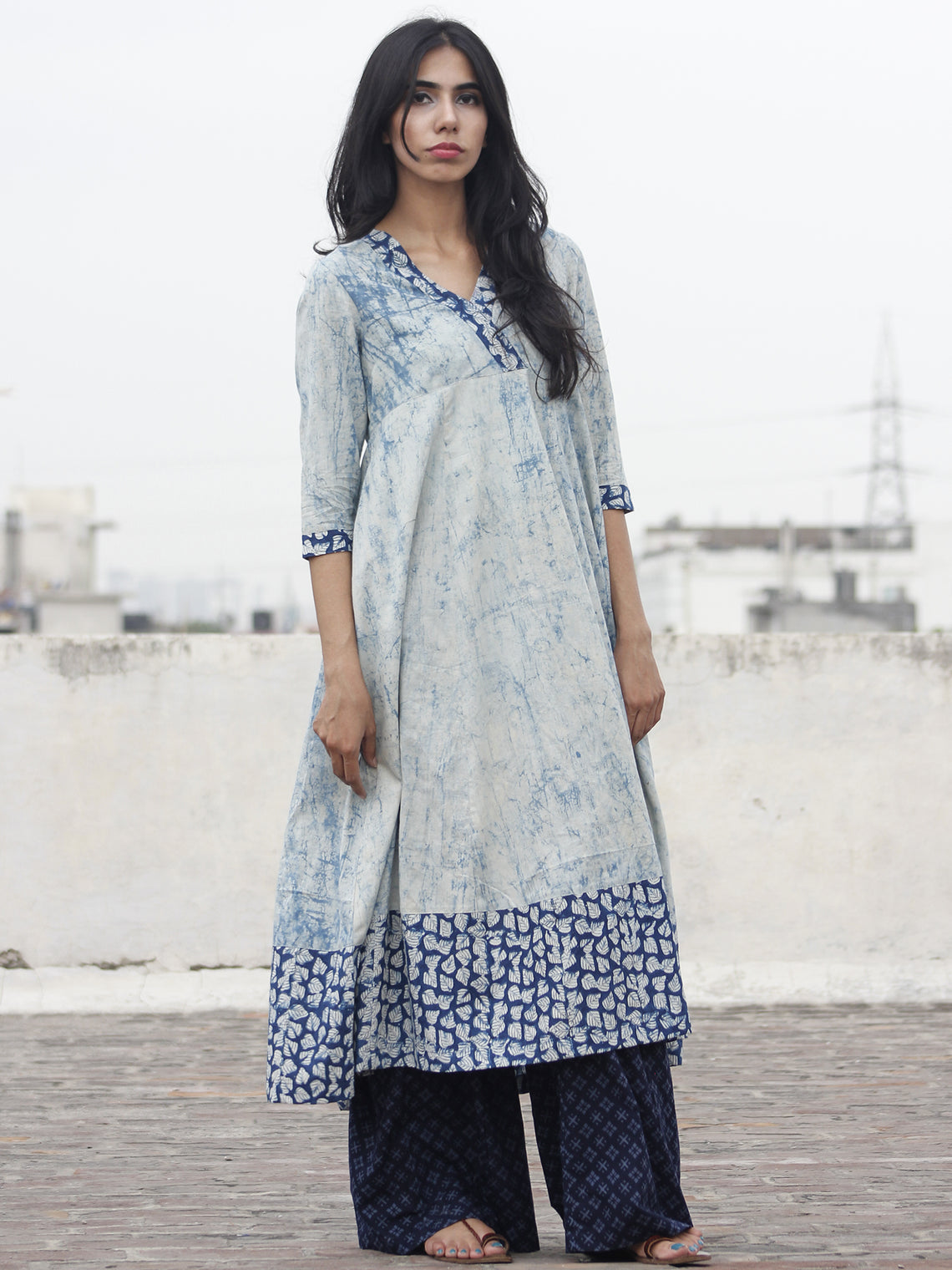 Light Blue Ivory Indigo Hand Block Printed Kurti With 3/4 Sleeve - K15 ...