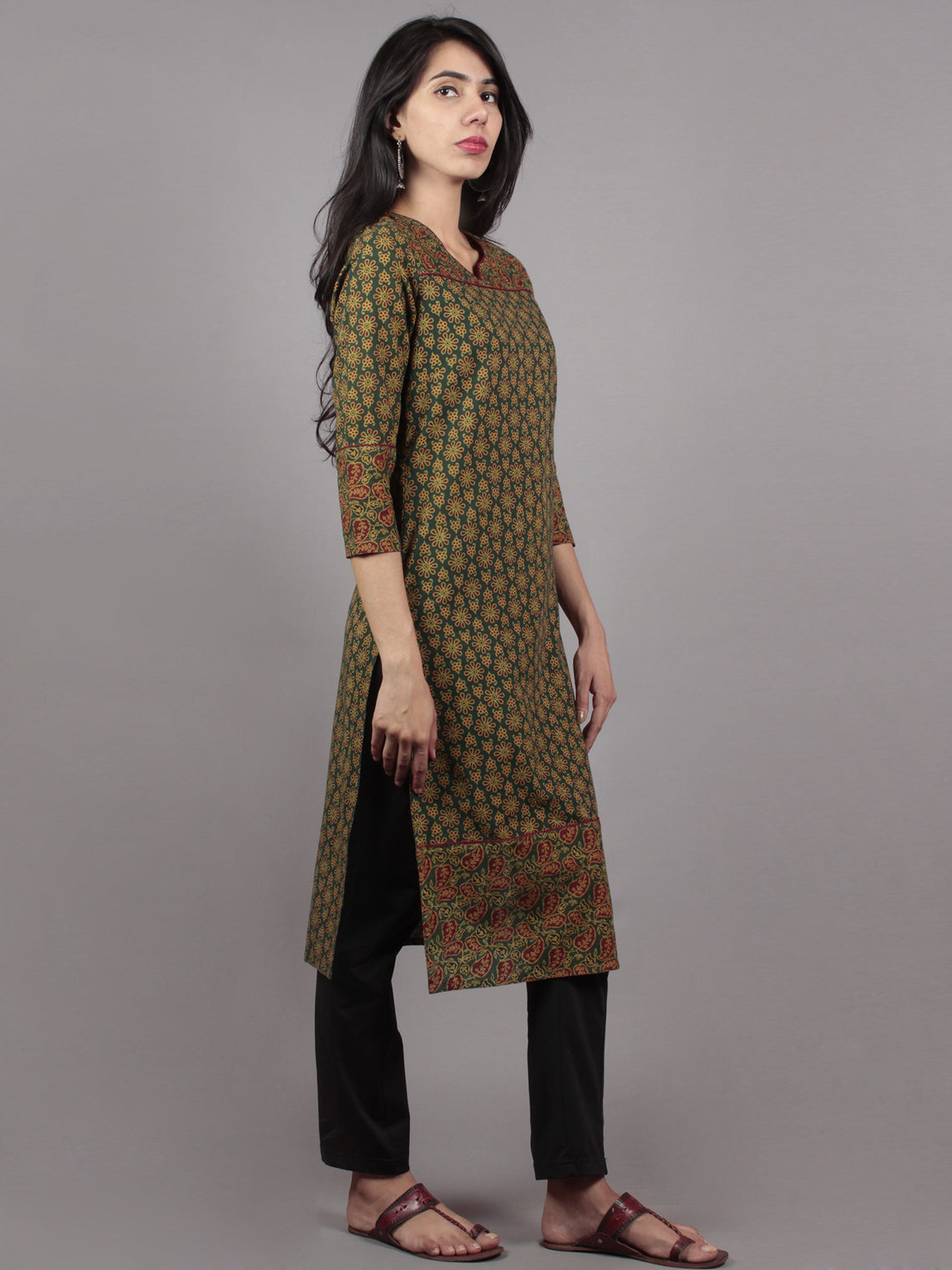 Green Maroon Biege Ajrakh Block Printed Kurta With Side Slits - K11673 ...