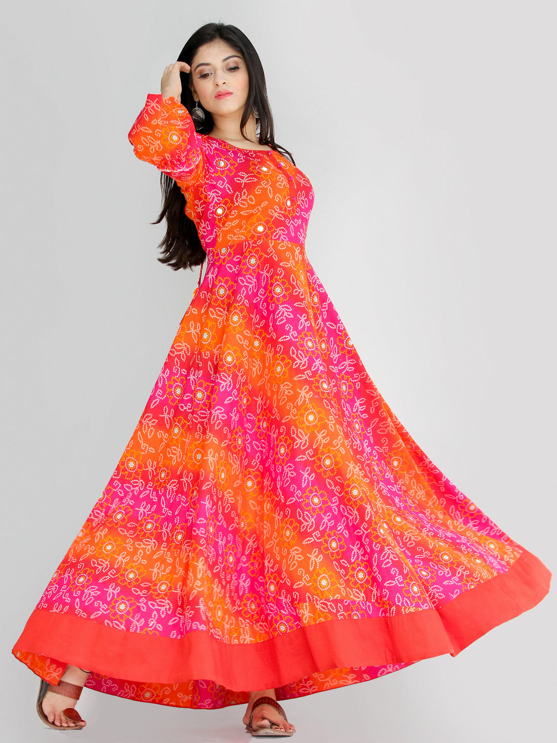 Maher Pink Orange Bandhani Printed Urave Cut Long Mirror