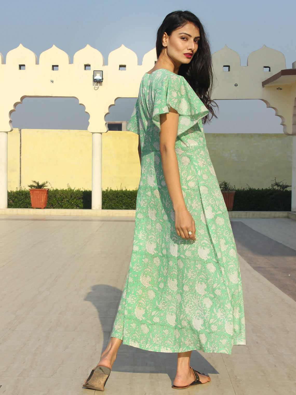 Wirda - Pastel Green Hand Block Printed Cotton Angrakha Dress With Ruf ...