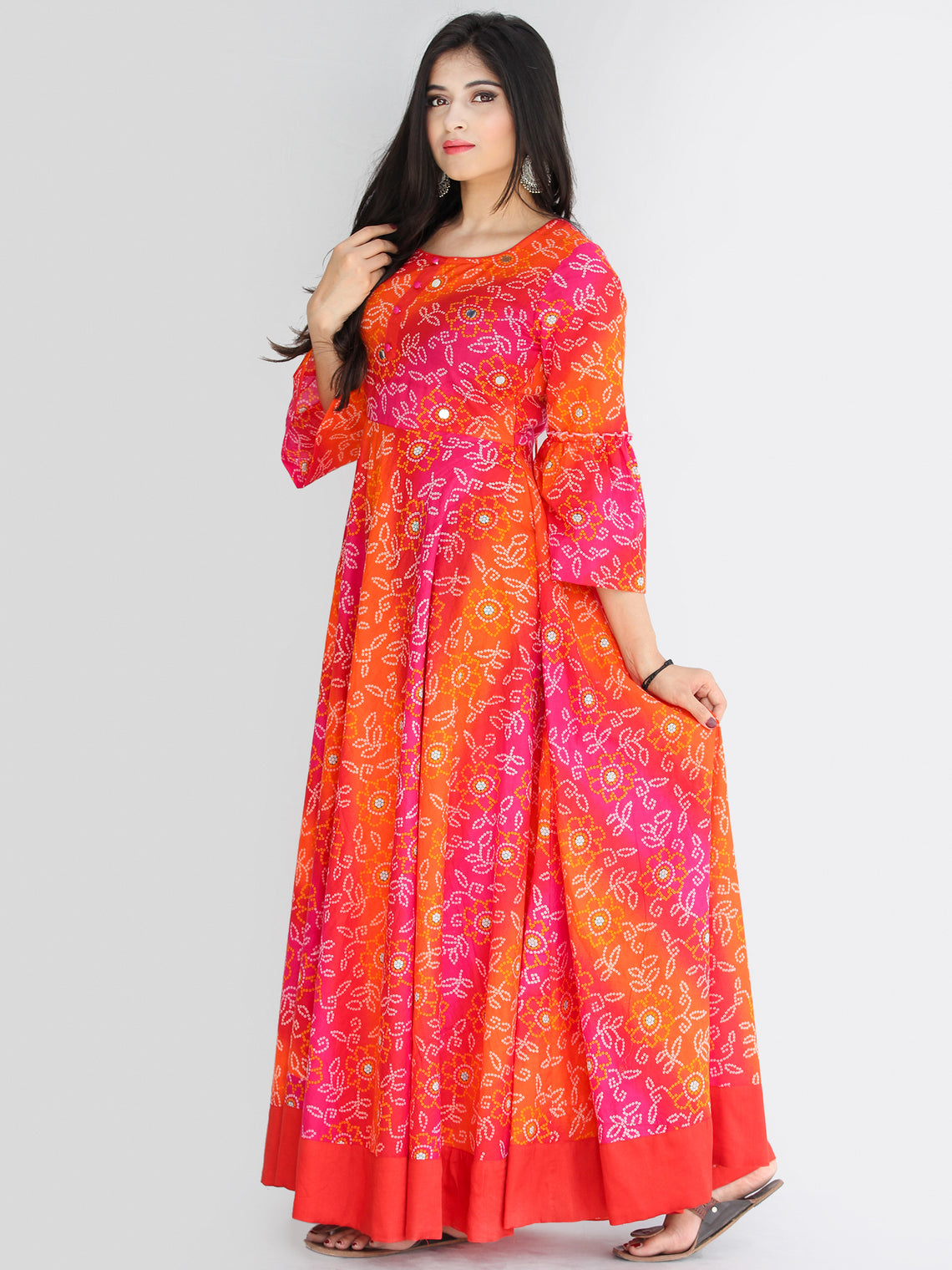 Maher - Pink Orange Bandhani Printed Urave Cut Long Mirror Work Dress ...