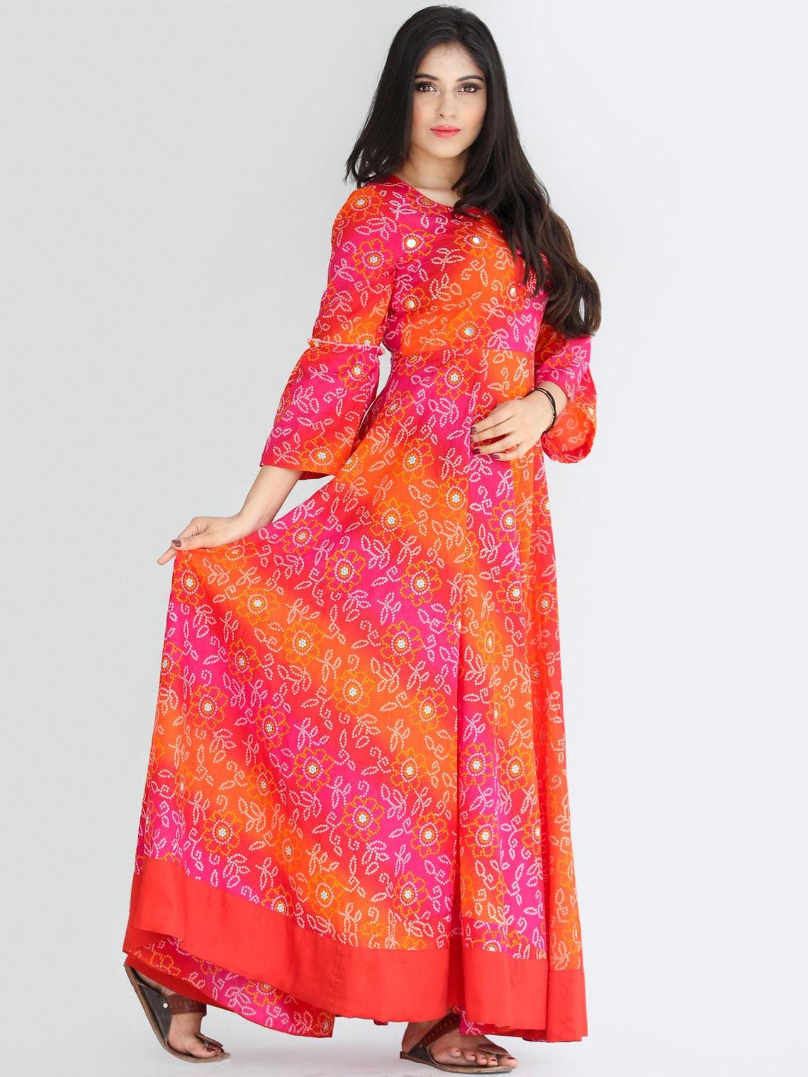 Maher - Pink Orange Bandhani Printed Urave Cut Long Mirror Work Dress ...