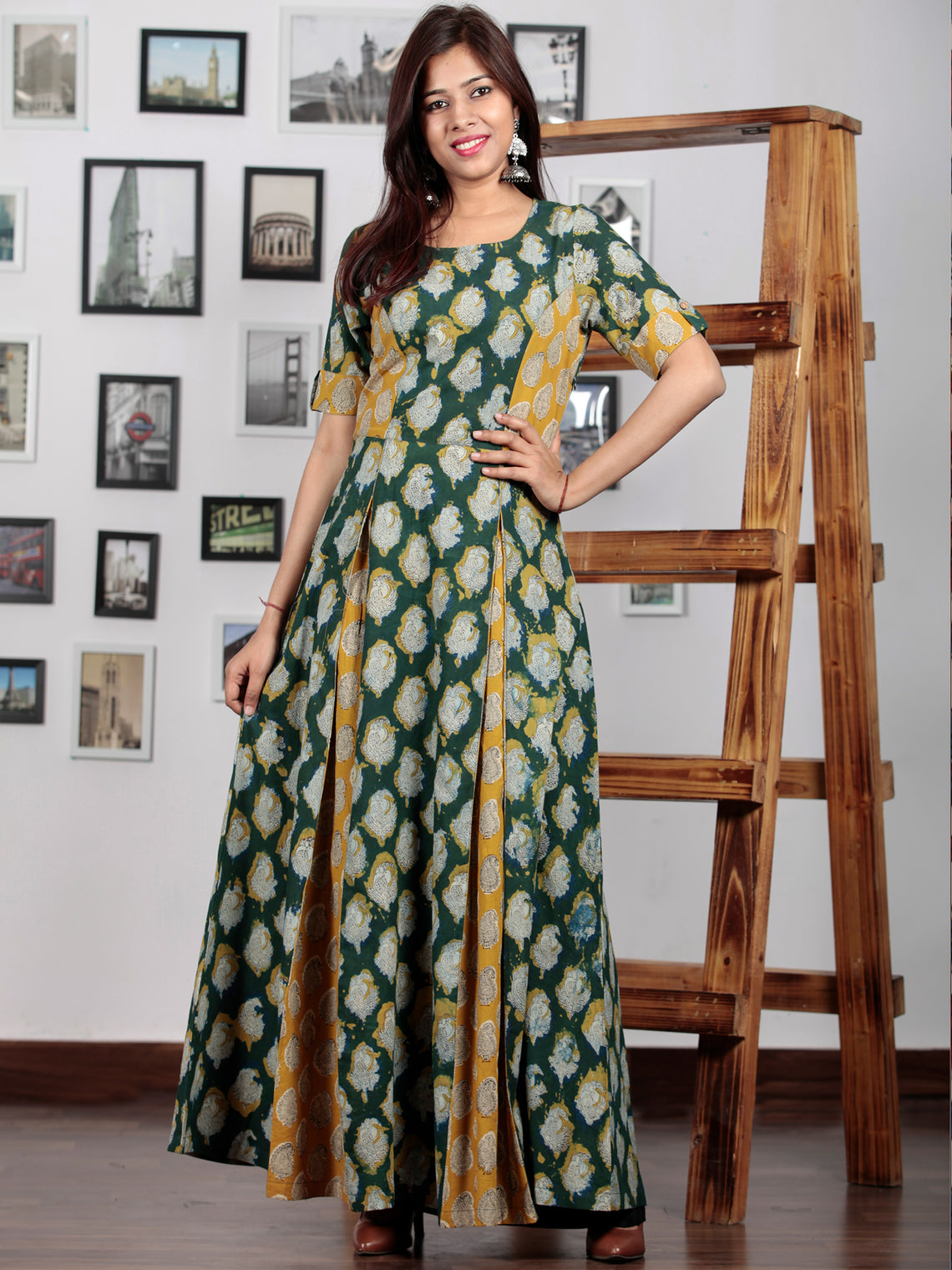 Hunter Green Yellow Ivory Hand Block Printed Cotton Long Dress With In ...