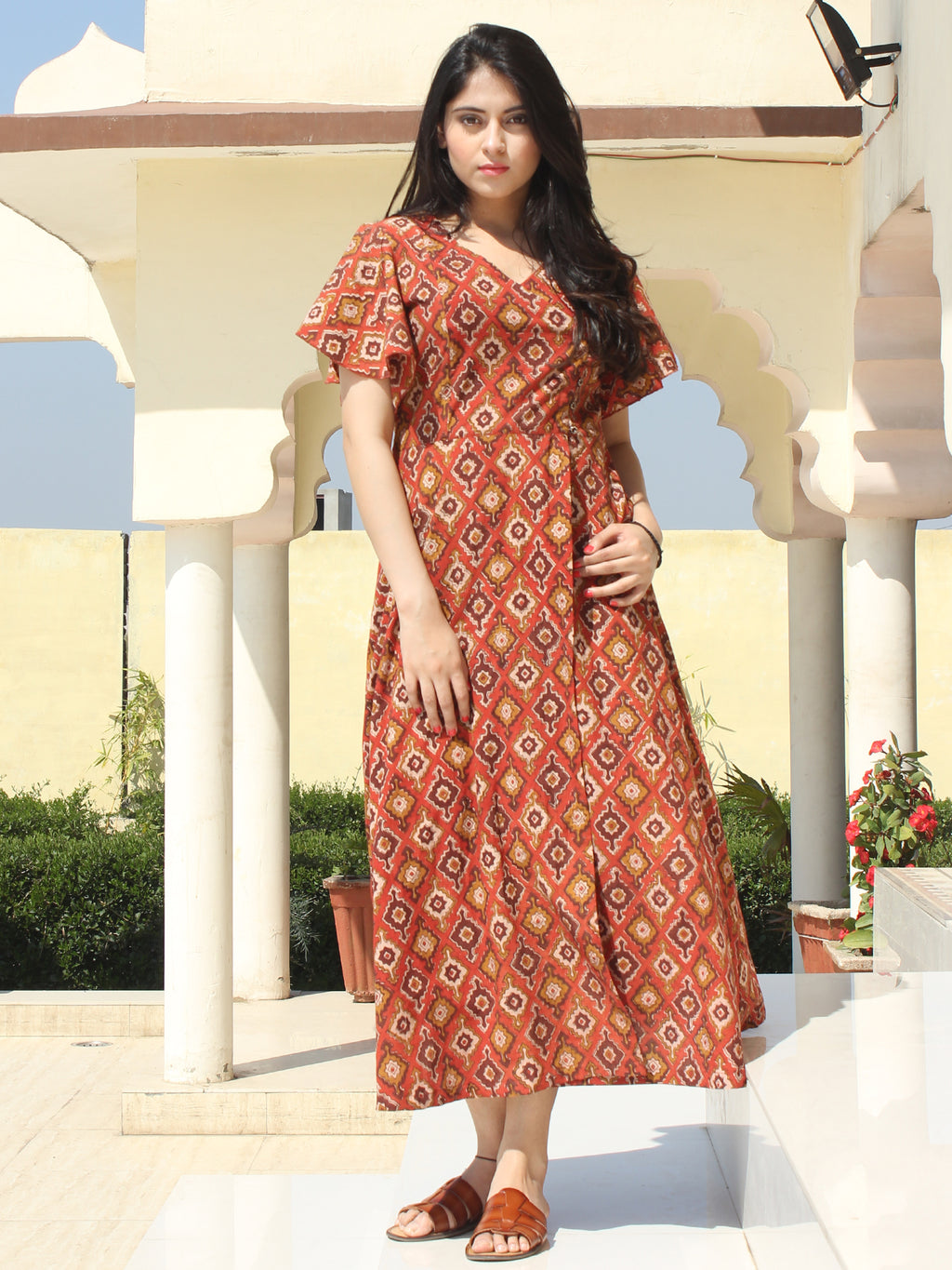 Wirda - Rust Brown Hand Block Printed Cotton Angrakha Dress With ...