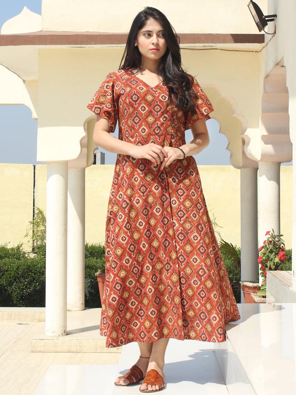 Wirda - Rust Brown Hand Block Printed Cotton Angrakha Dress With ...