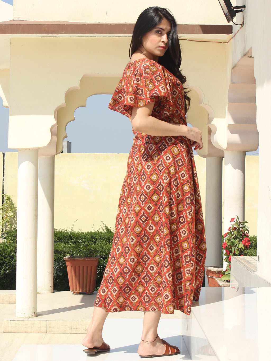 Wirda - Rust Brown Hand Block Printed Cotton Angrakha Dress With ...