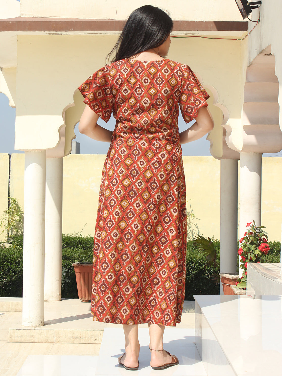Wirda - Rust Brown Hand Block Printed Cotton Angrakha Dress With Ruffl ...