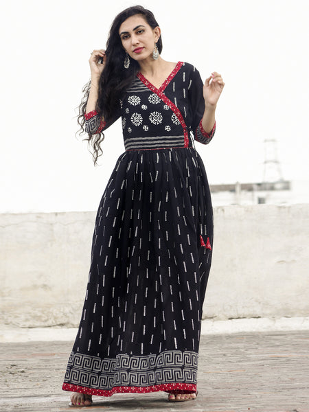 Naaz Afna - Black Ivory Grey Maroon Hand Block Printed Angrakha Dress ...