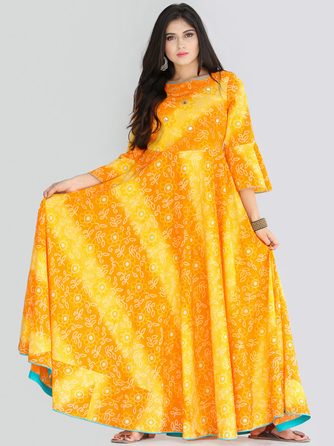 Maher - Yellow Orange Bandhani Printed Urave Cut Long Mirror Work Dres ...