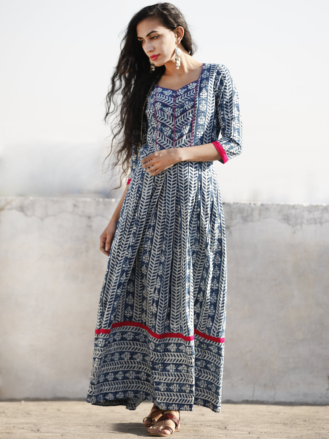 Indigo White Magenta Hand Blocked Cotton Long Dress With Thread Work ...