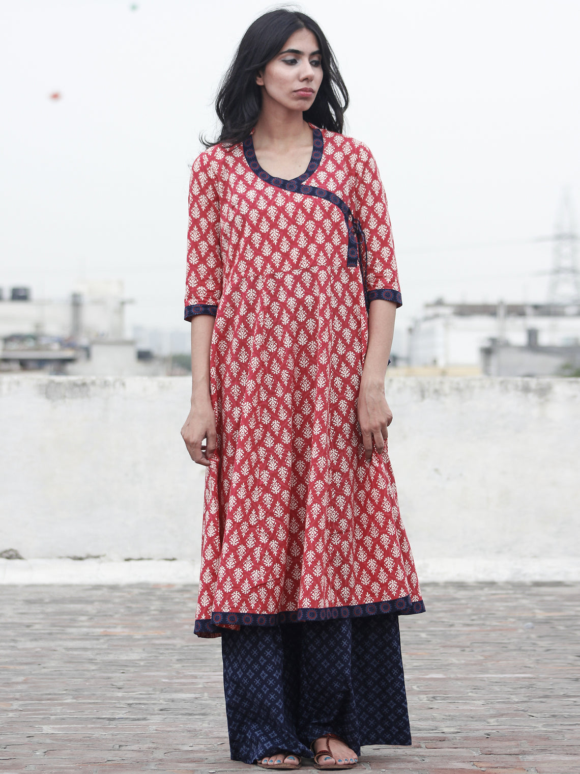 Coral Ivory Dark Indigo Hand Block Printed Angrakha Kurti With Stand C ...