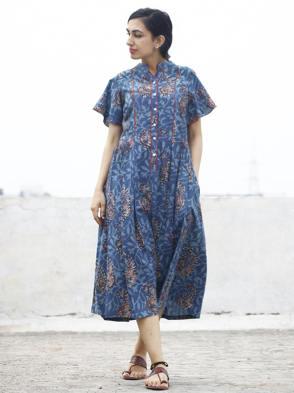 Indigo Rust Ivory Hand Block Cotton Pleated Dress With Side Pockets ...