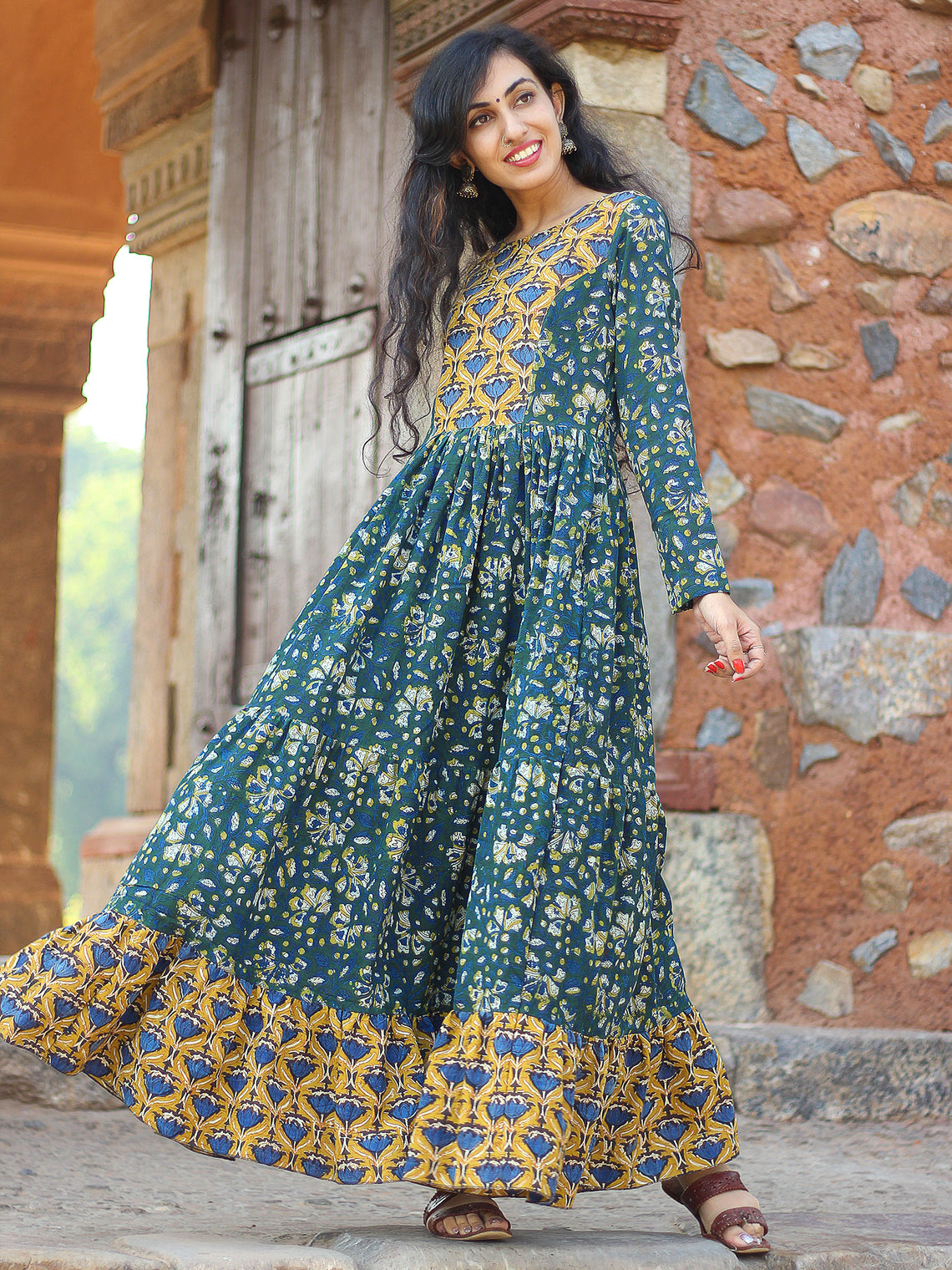 Mughal Inheritance - Hand Block Printed Long Cotton Tier Flared Dress ...