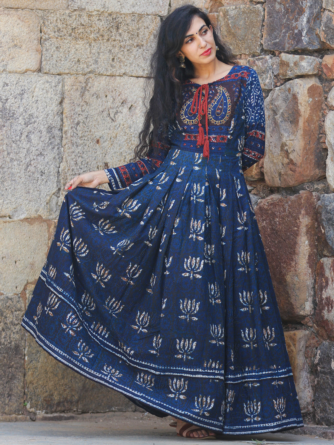 Naaz Lotus Mystique - Hand Block Printed Embroidered Long Cotton Pleat ...