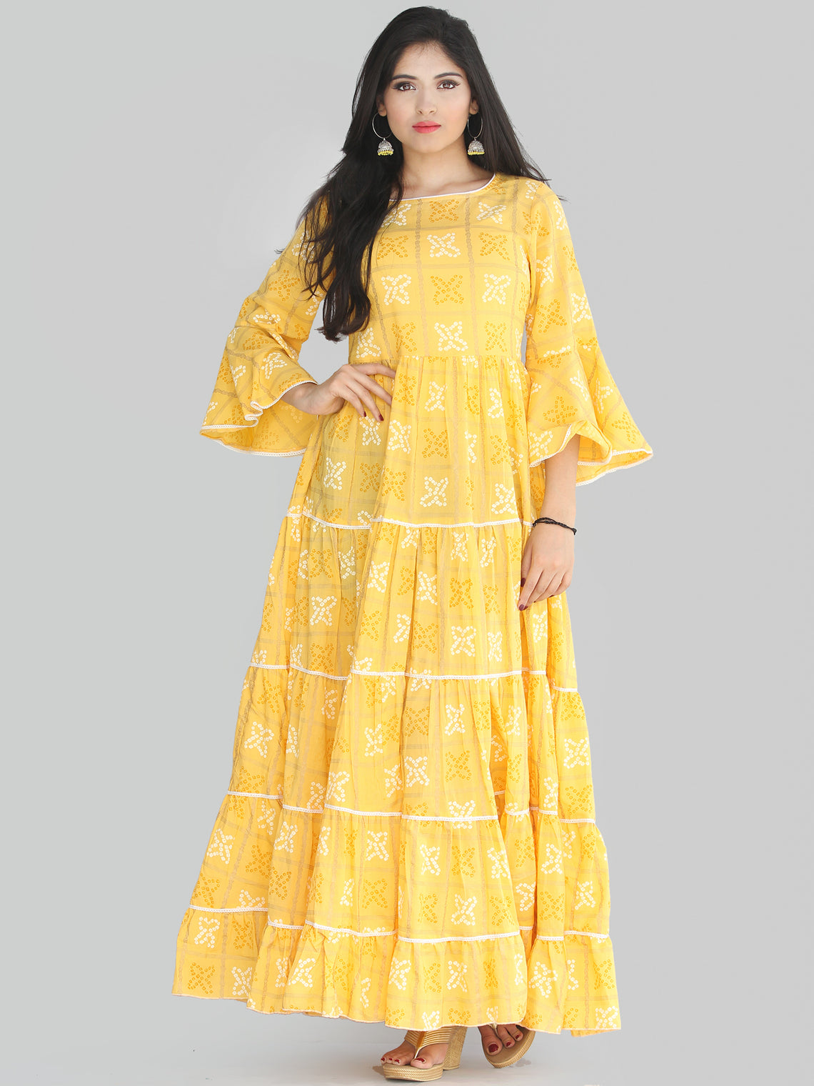 Maira Yellow Bandhani Printed Tier Long Dress With Lace