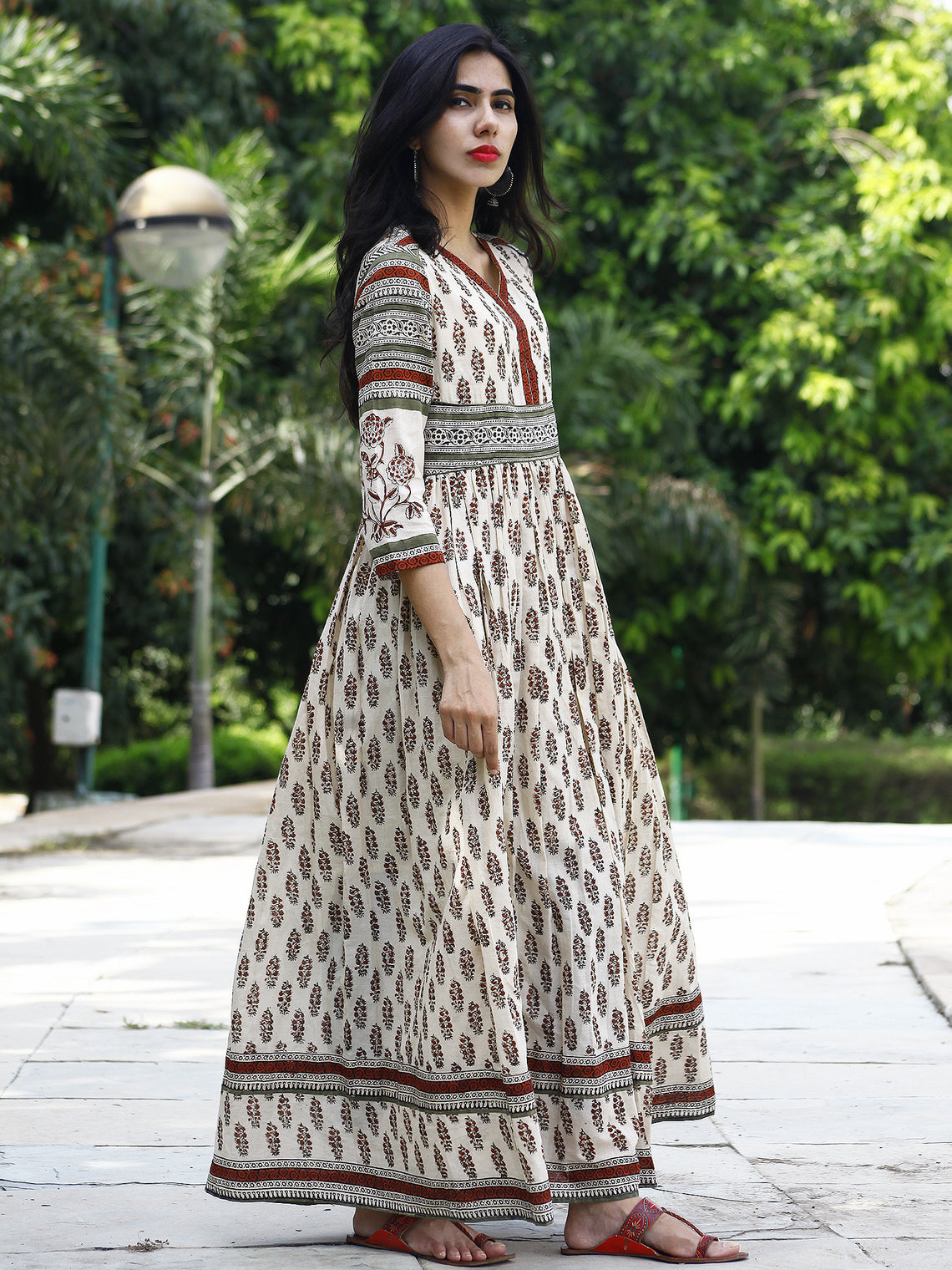 Naaz Ivory Olive Green Maroon Black Hand Block Printed Long Cotton Dre ...