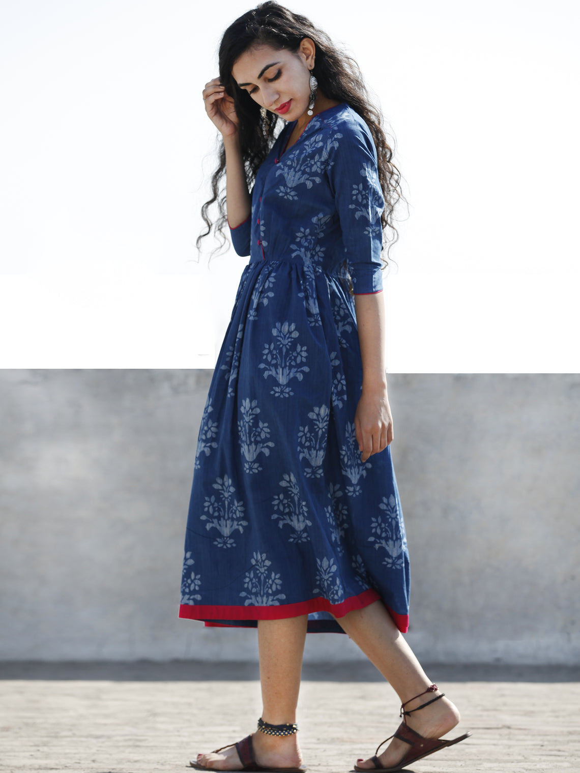 Indigo Magenta Hand Block Printed Cotton Midi Length Dress With Angrak ...