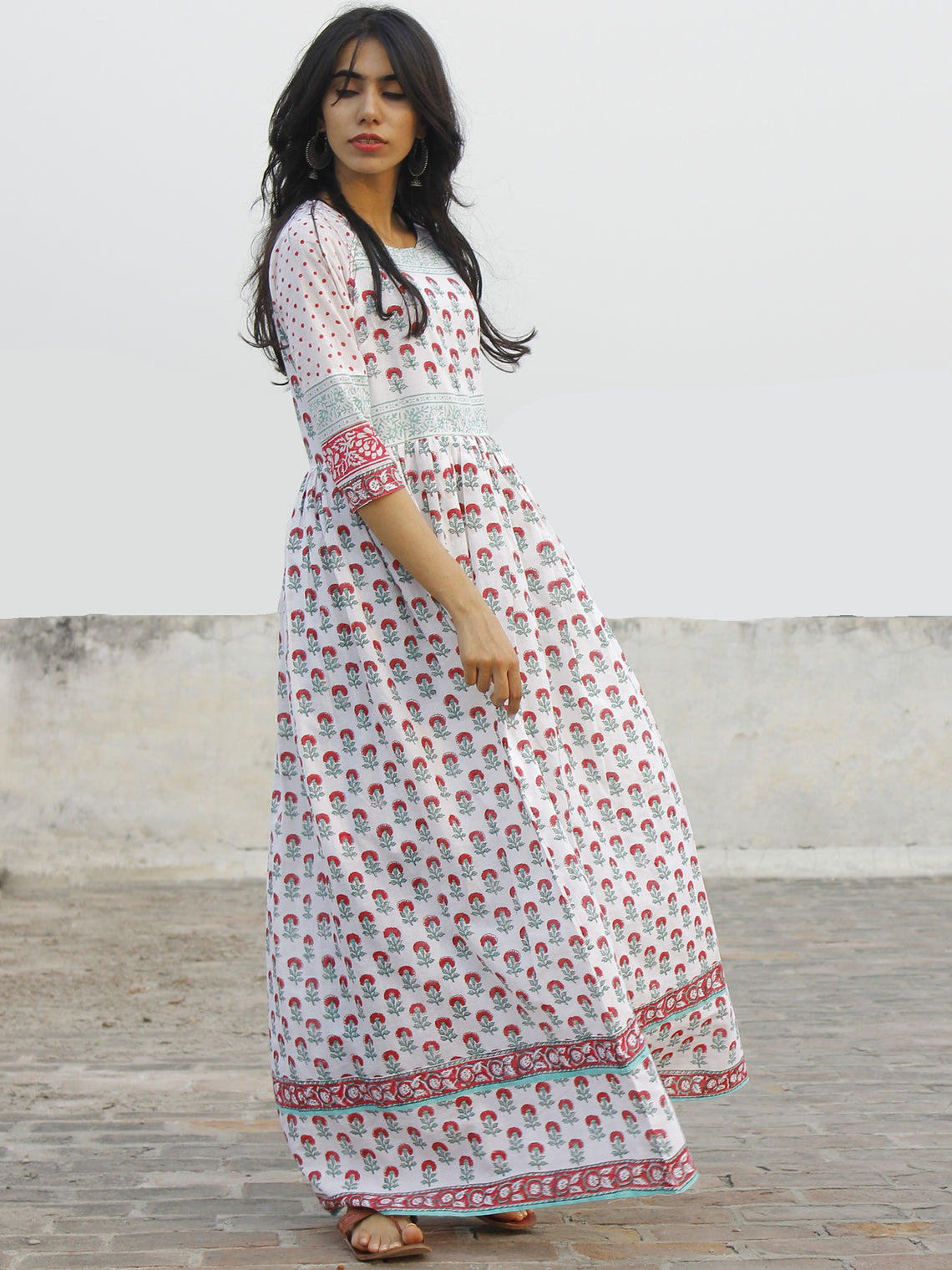 Naaz Gul - White Dark Pink Green Hand Block Printed Dress With Raglan ...