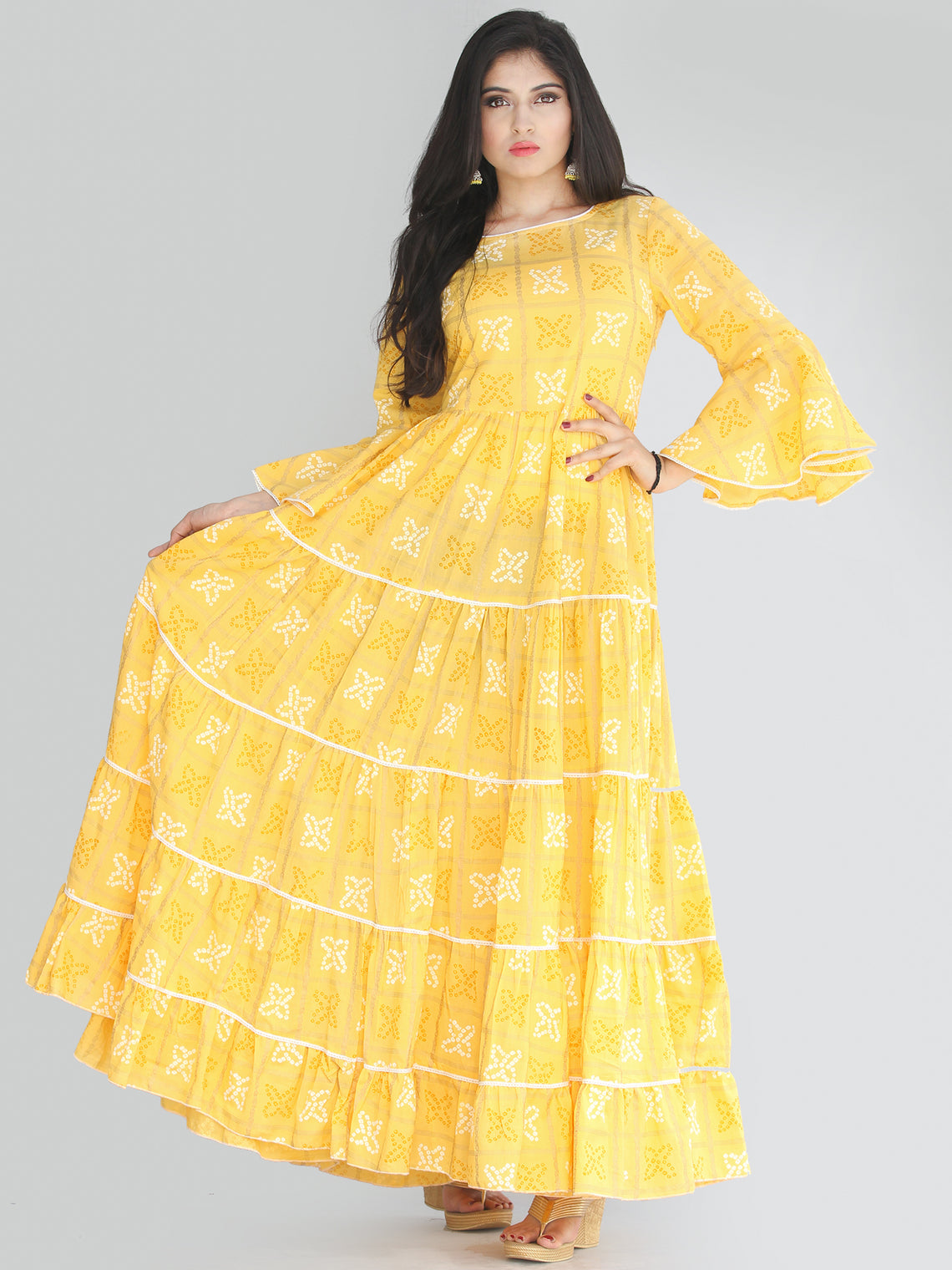 Maira Yellow Bandhani Printed Tier Long Dress With Lace