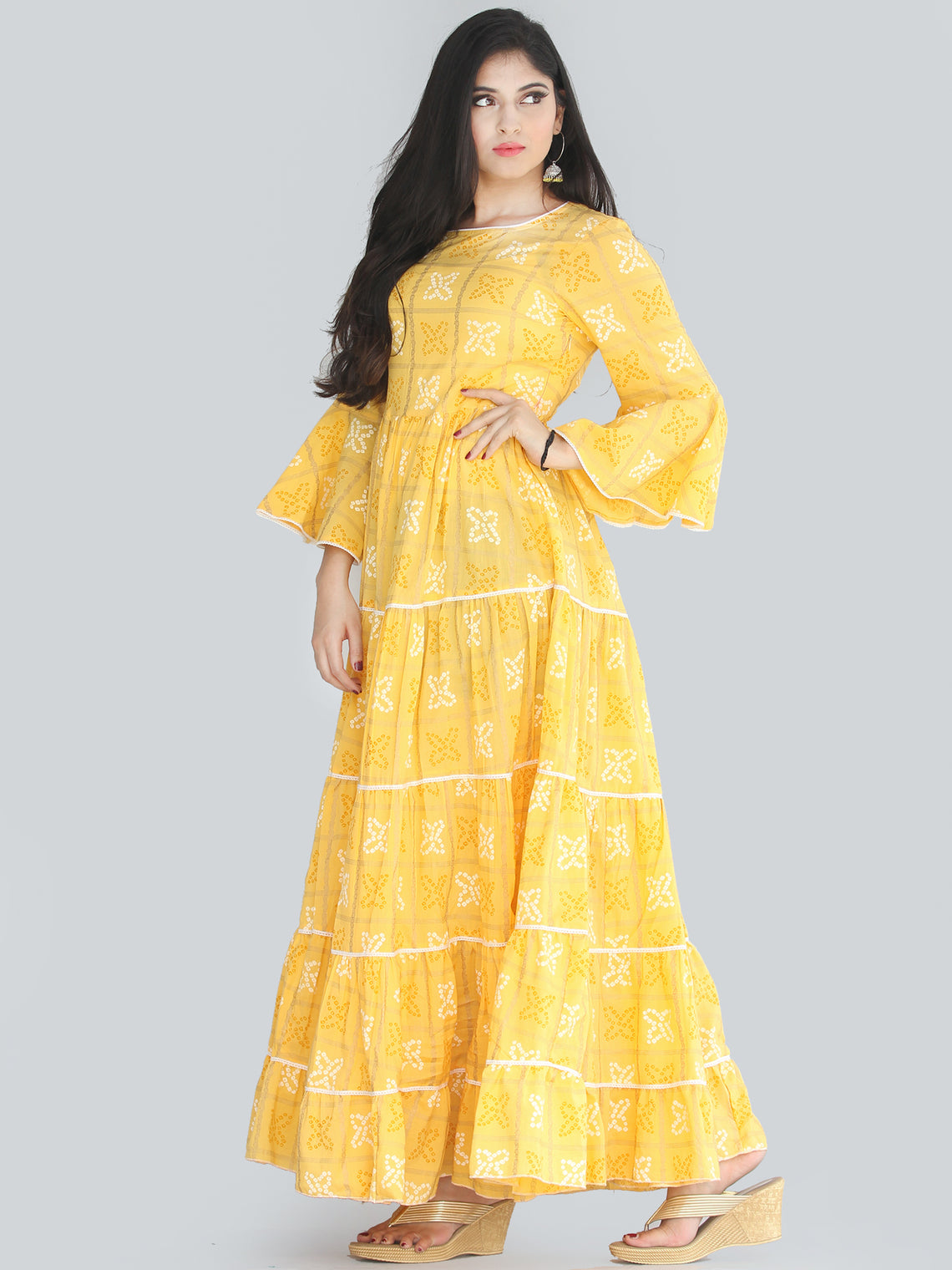 Maira Yellow Bandhani Printed Tier Long Dress With Lace