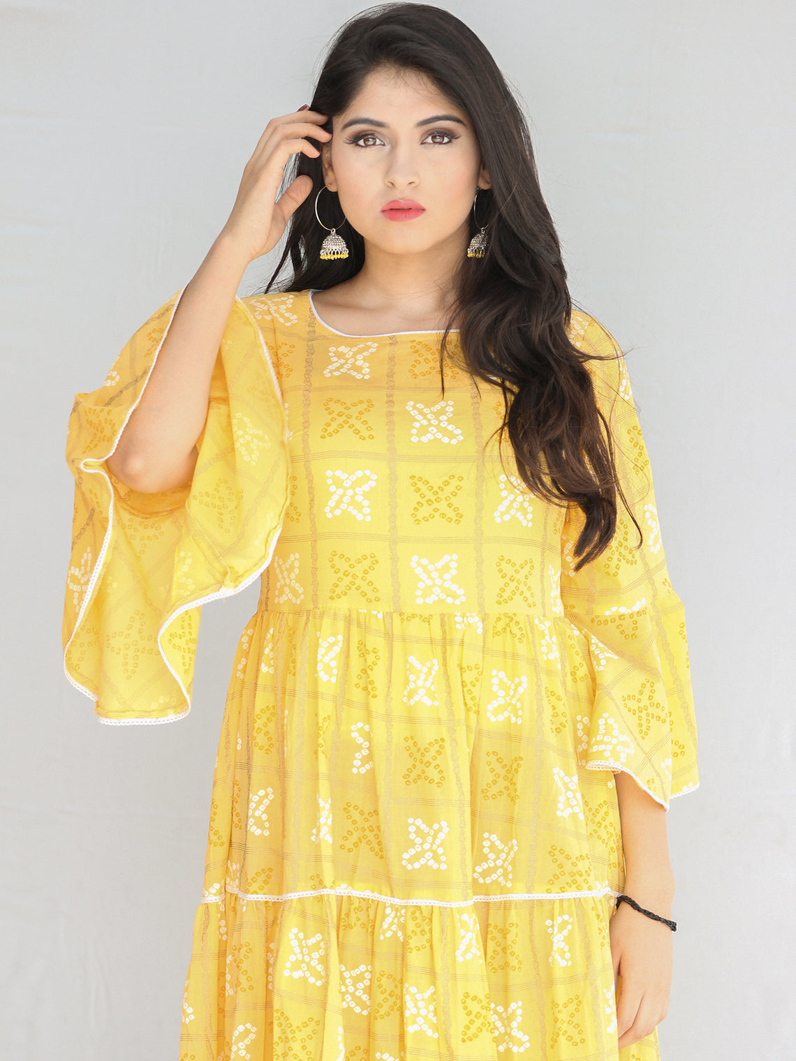 Maira - Yellow Bandhani Printed Tier Long Dress With Lace Insert - D40 ...
