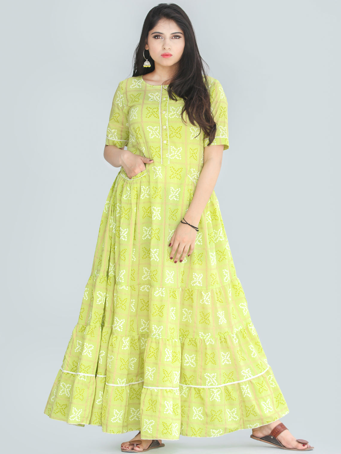 Nazmil - Green Bandhani Printed Tier Long Dress With Weld Pockets - D4 ...