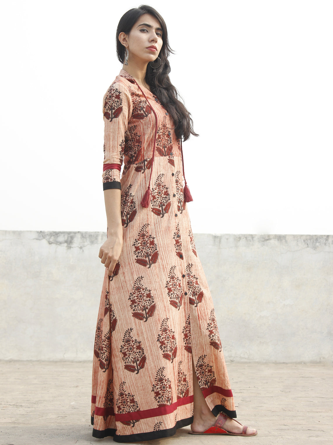 Beige Maroon Black Hand Blocked Cotton Long Dress With Stand Collar ...