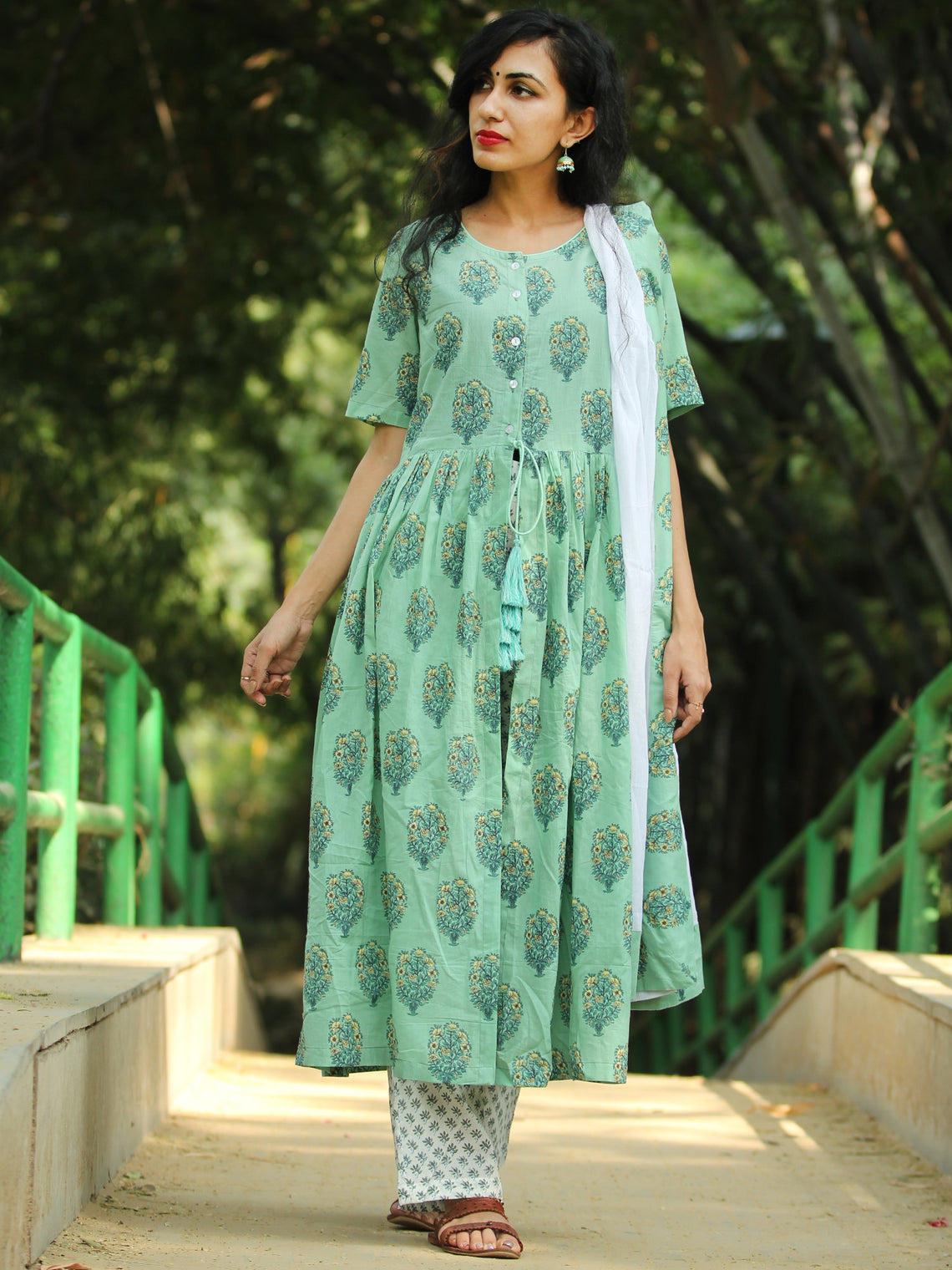 High Slit - Block Printed Kurta Set With Dupatta - SS01F1864 – InduBindu