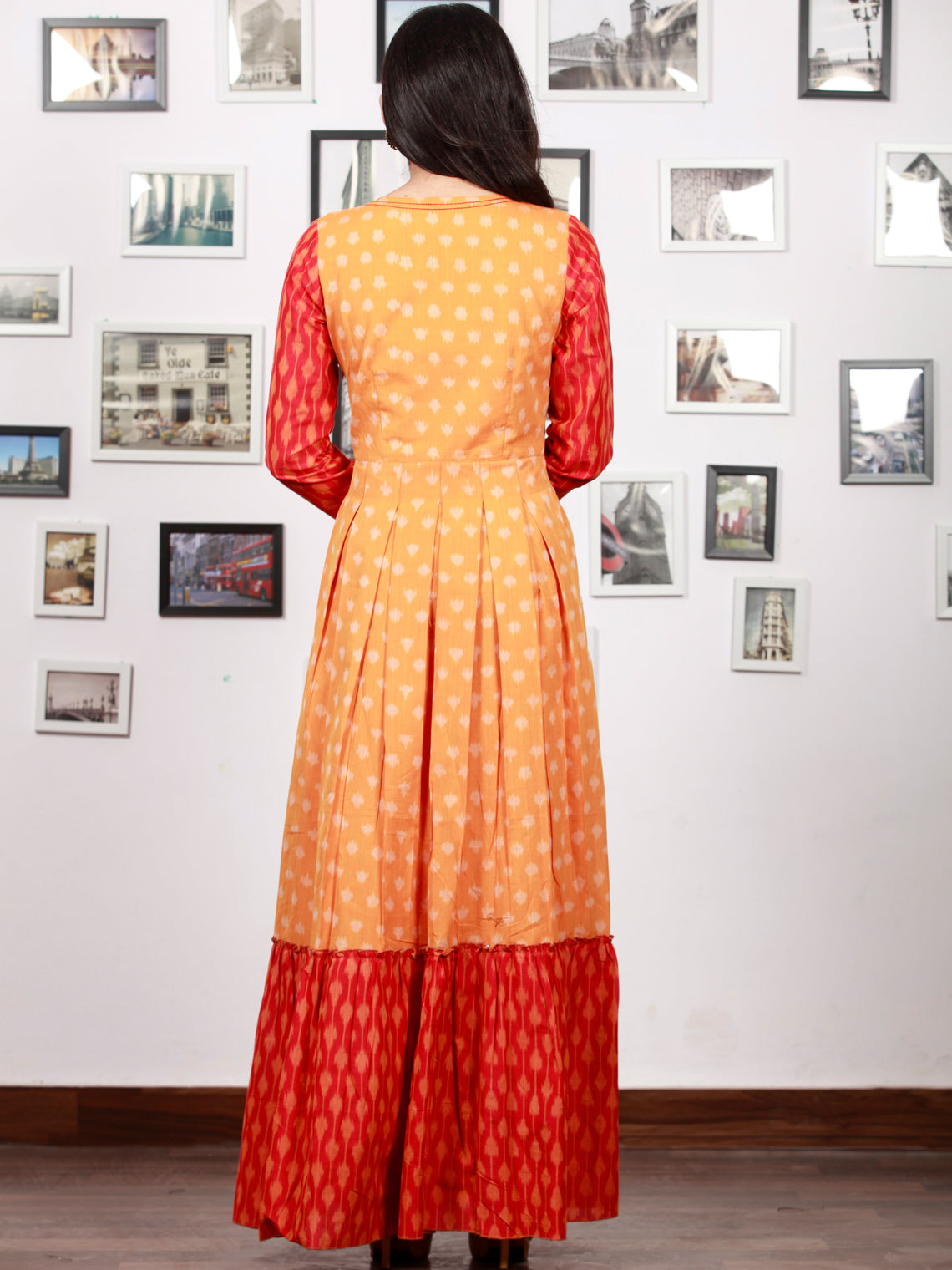 Yellow Red Orange Handloom Mercerised Ikat Long Cotton Tier Dress With ...