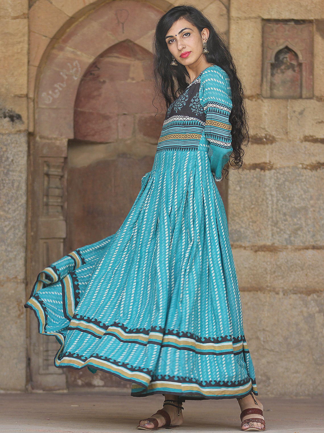 Naaz Block Heritage - Hand Block Printed Long Cotton Pleated Flare Dre ...