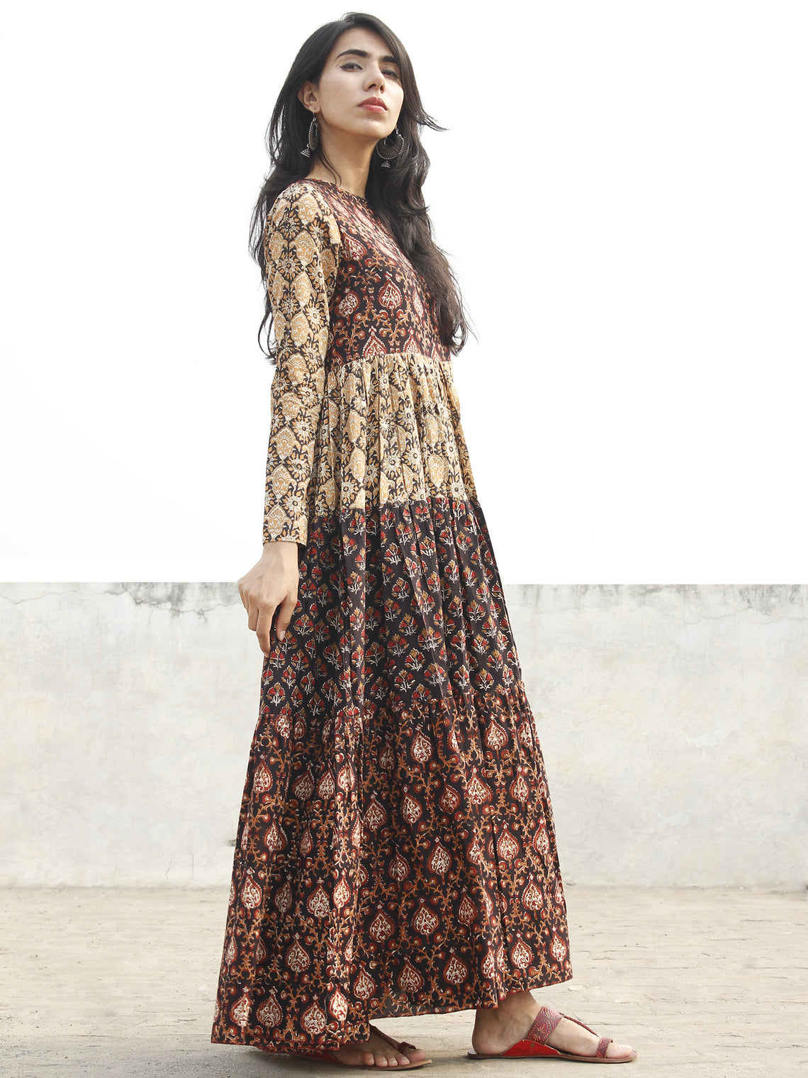 Black Maroon Mustard Orange Ivory Hand Block Printed Tier Dress - D95F ...