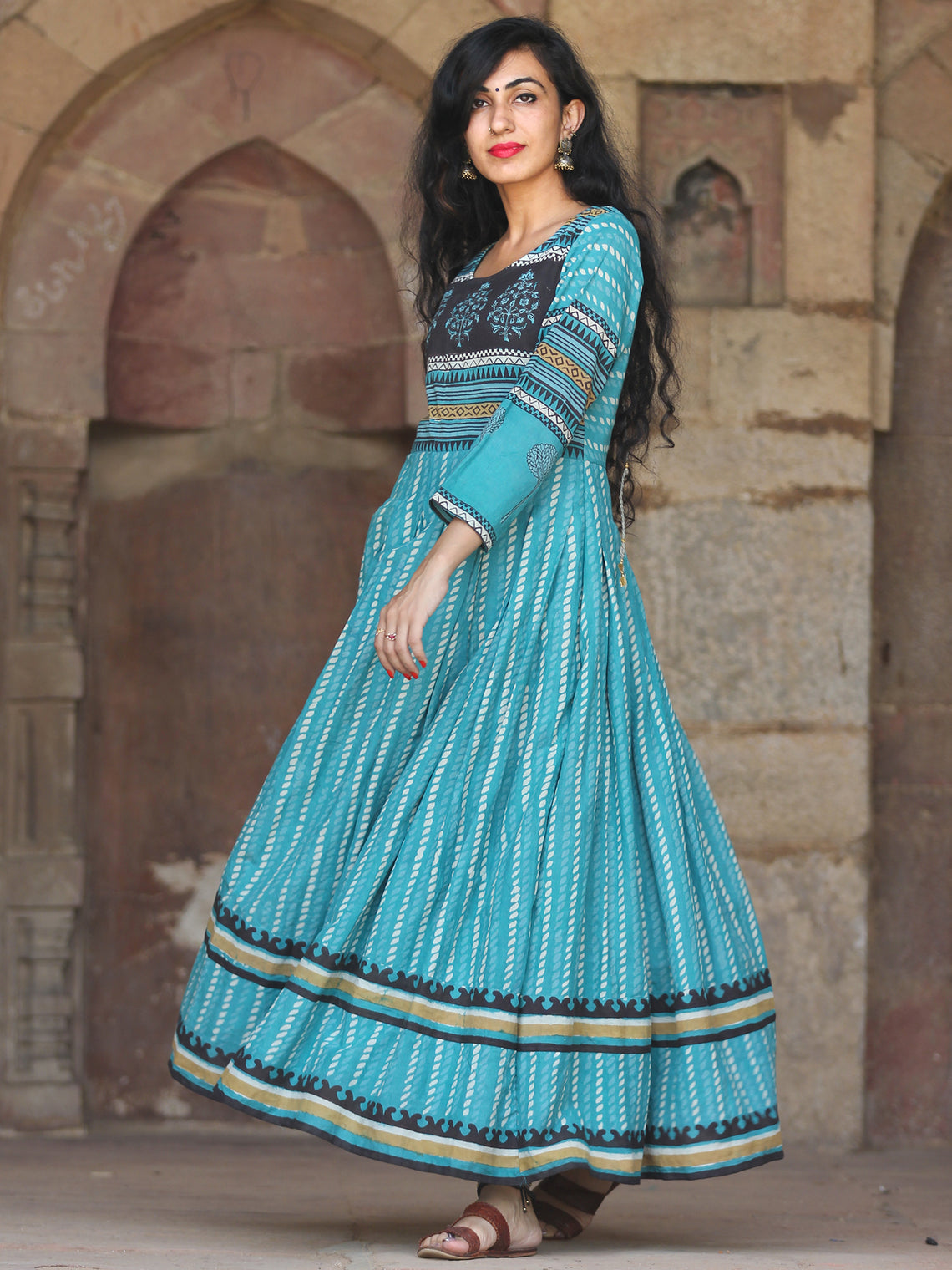 Naaz Block Heritage - Hand Block Printed Long Cotton Pleated Flare Dre ...