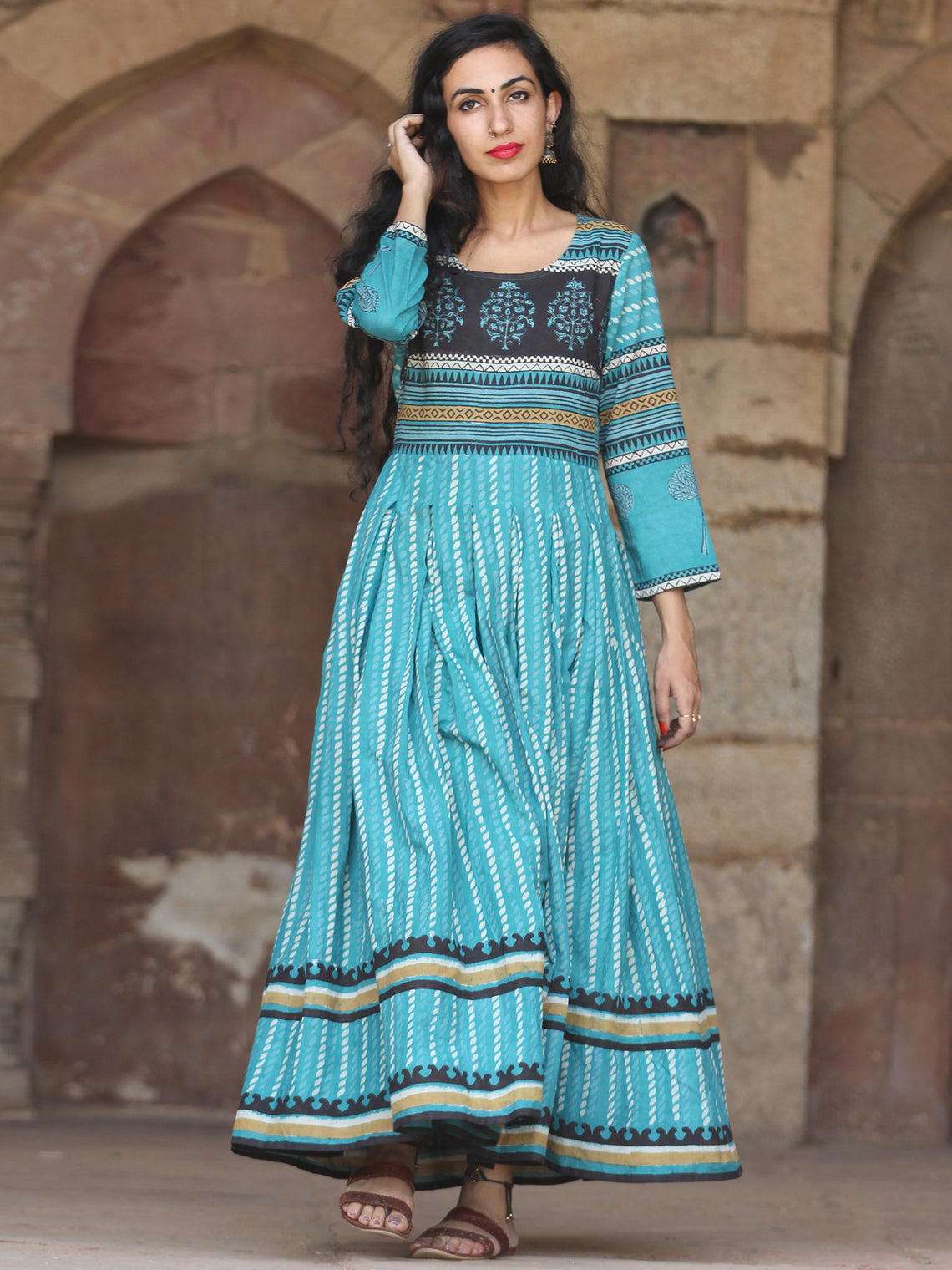 Naaz Block Heritage - Hand Block Printed Long Cotton Pleated Flare Dre ...