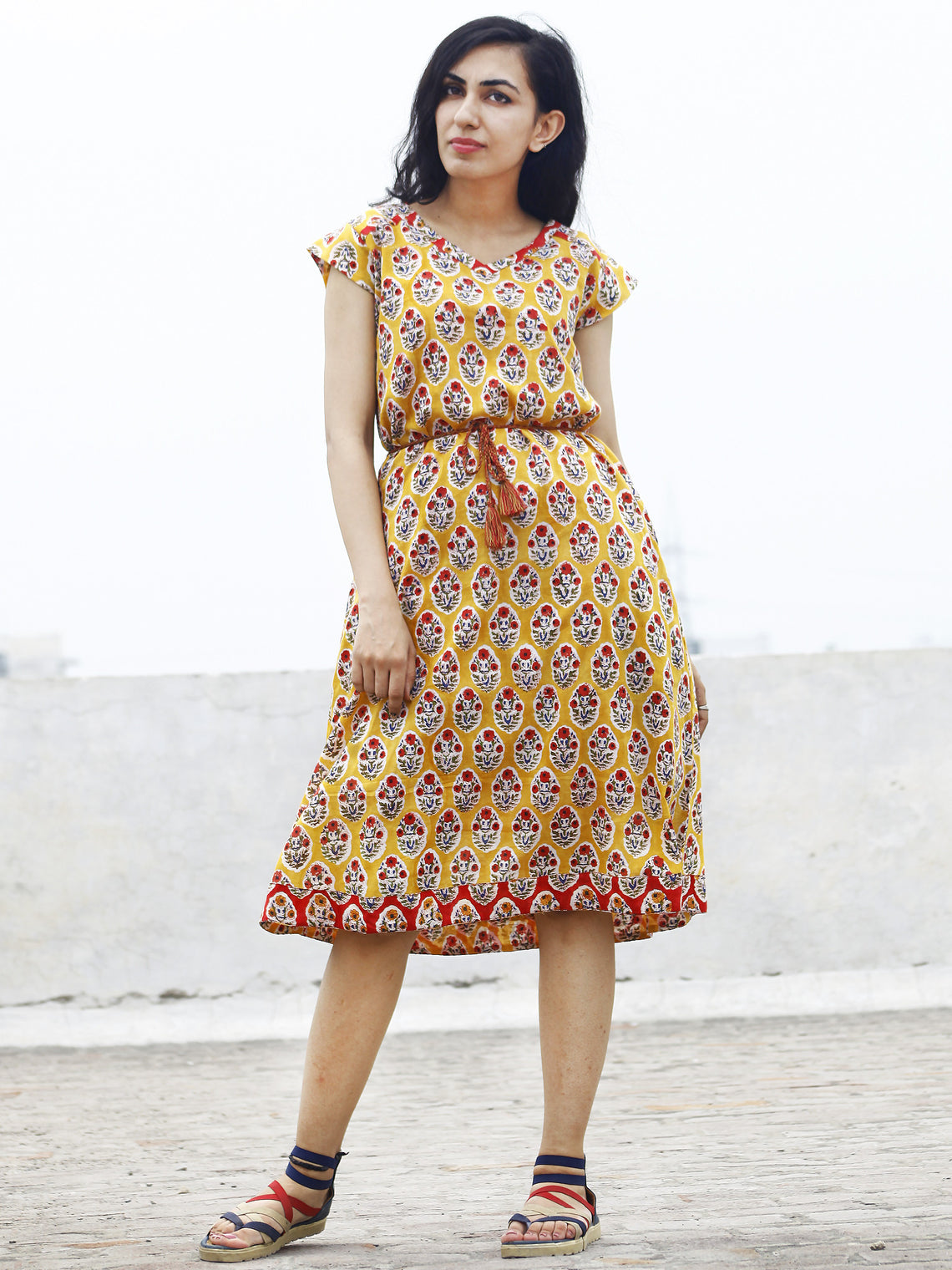 Yellow Red Ivory Blue Green Hand Block Cotton A-Line Dress With Tie-Up ...
