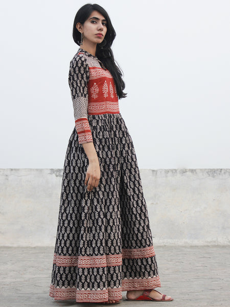 Black Red Ivory Hand Blocked Cotton Dress With Stand Collar & Lining ...