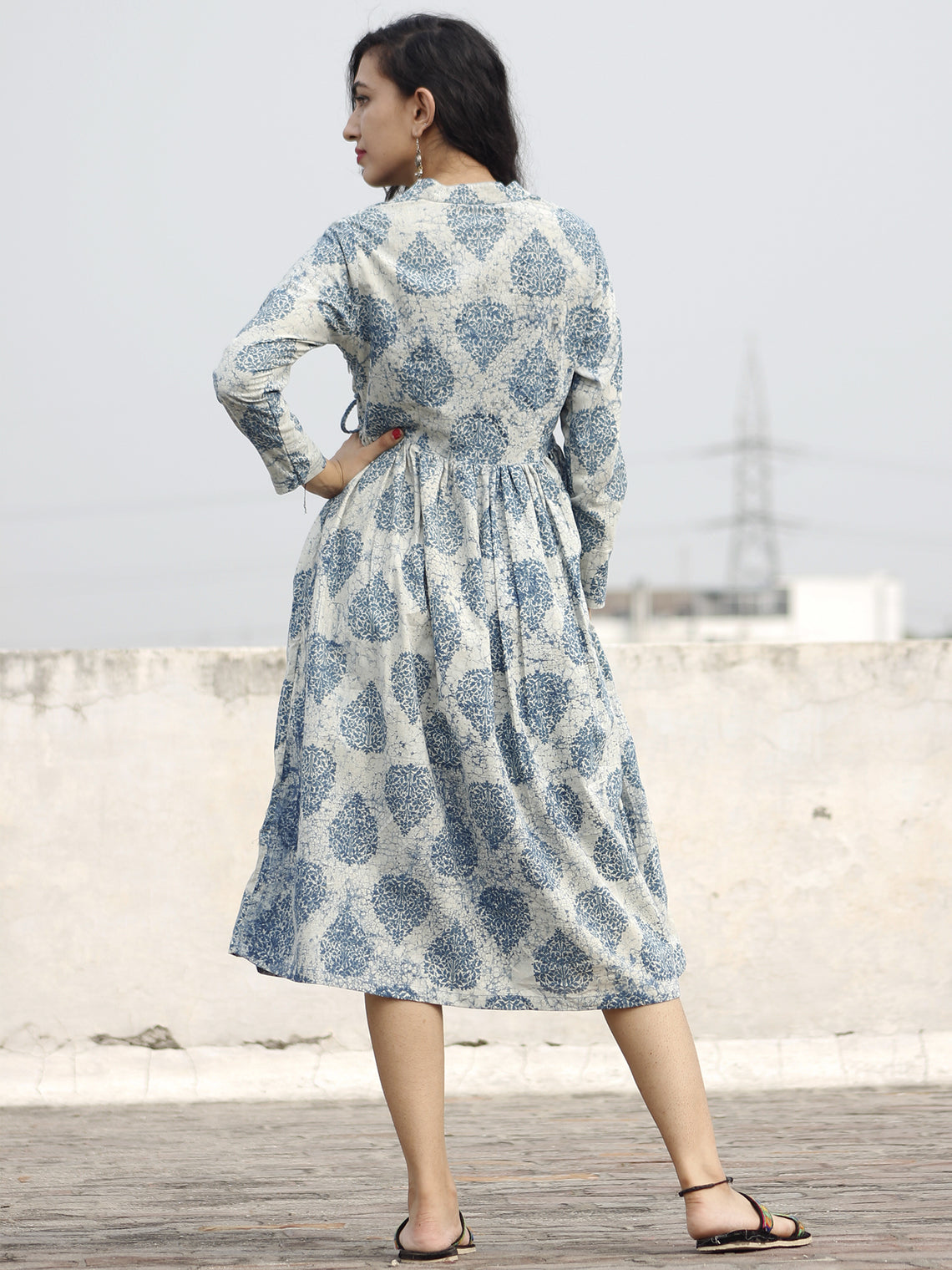 Teal Ivory Hand Block Printed Cotton Angrakha Dress With Gathers - D94 ...