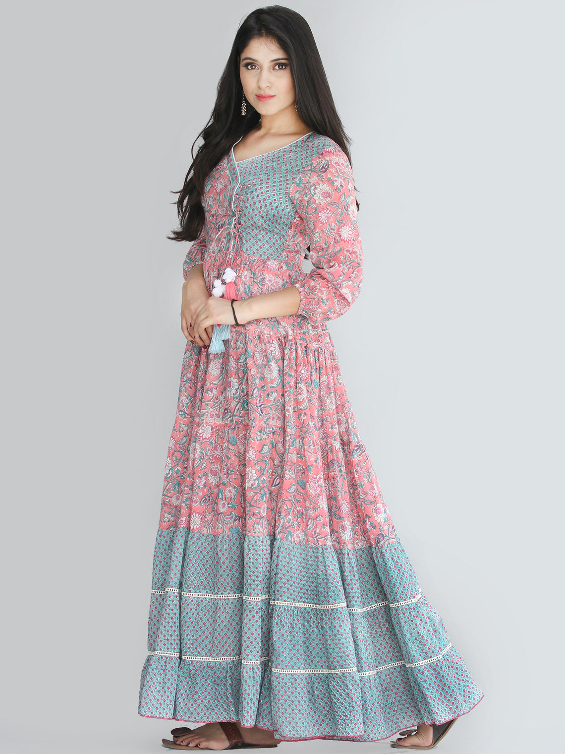 Gulzar Nohreen - Coral Hand Block Printed Tiered Long Angrakha Dress W ...