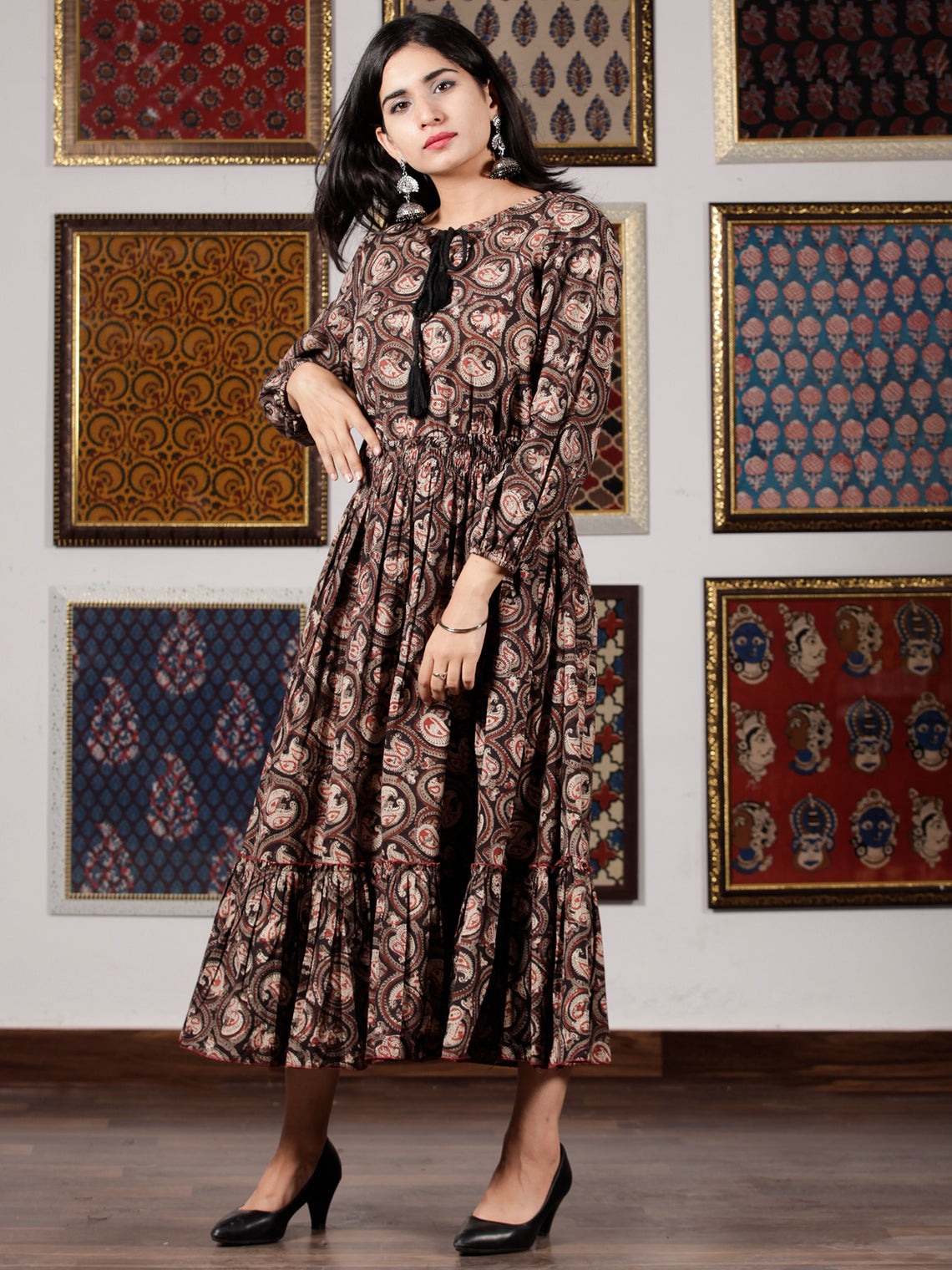 Black Brown Beige Hand Block Printed Cotton Dress With Tassels - D227F ...