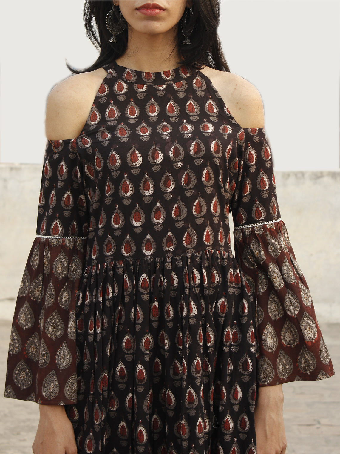 Black Brown Maroon Ivory Long Hand Block Cotton Tier Dress With Cold S ...